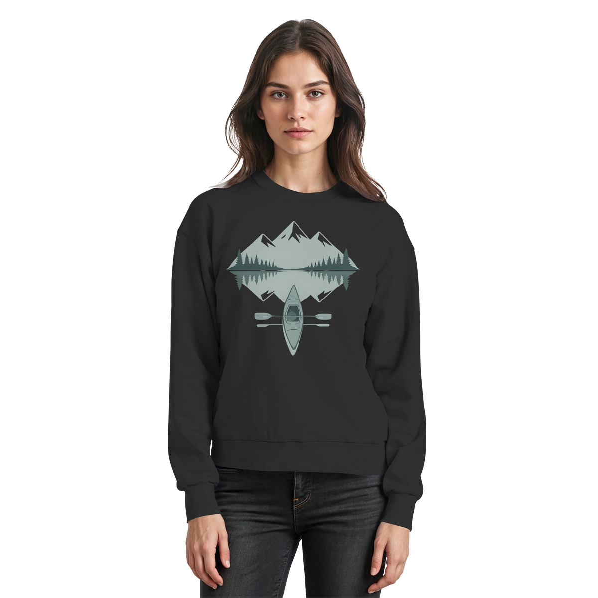 Arvenzo Mirror Lake sweatshirt in deep black, front view showing a classic crewneck design and soft fabric texture.