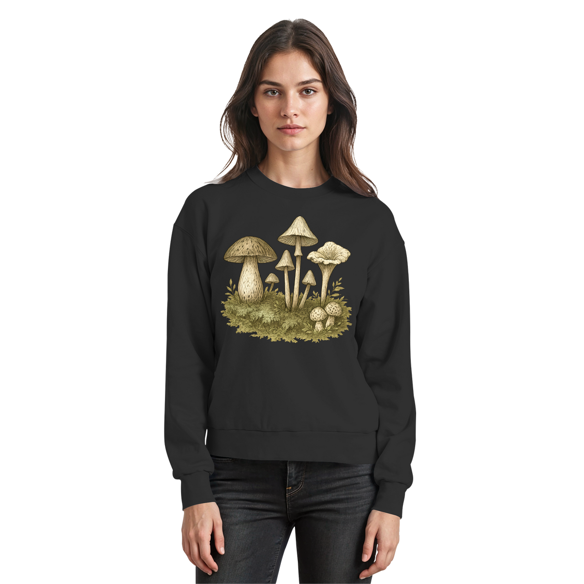 Black Arvenzo Forest Floor sweatshirt showing a front view with a simple, comfortable fit and subtle forest-themed design.