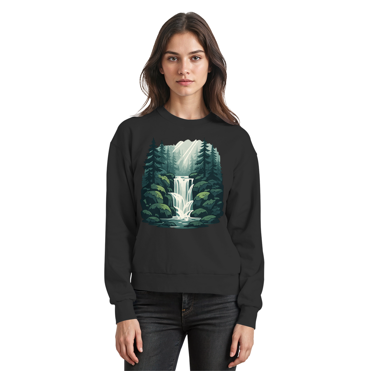 Arvenzo Fall Creek sweatshirt in deep black, front view showing classic crewneck design and soft fabric texture.