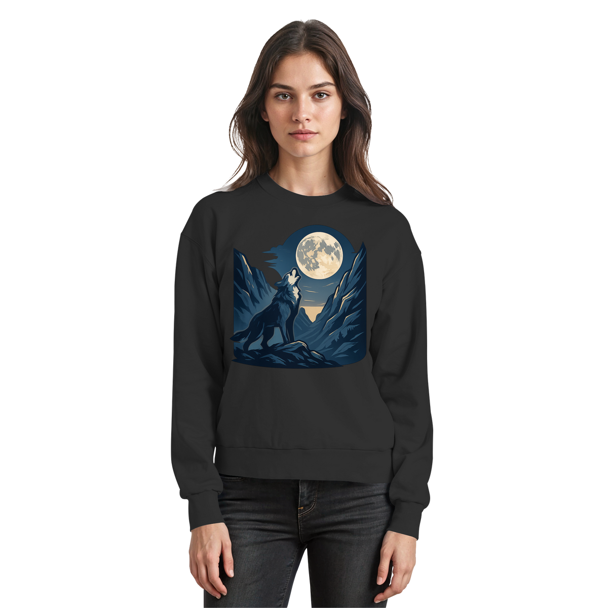 Front view of Arvenzo Silver Howl sweatshirt in deep black, showcasing a classic fit and subtle silver graphic design.