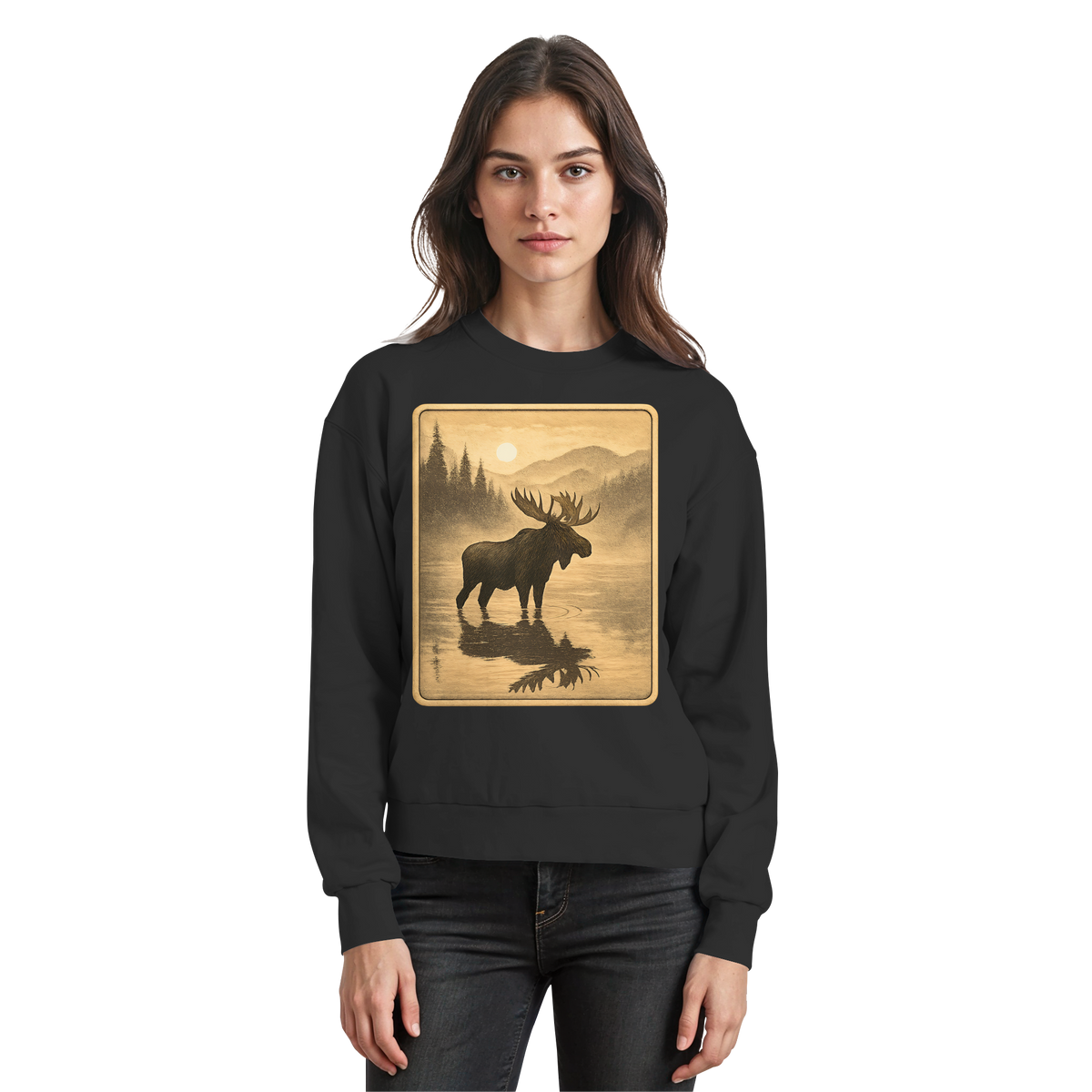 Black Arvenzo Calm Shore Sweatshirt front view, soft fabric, minimalistic design, and classic crew neck style.