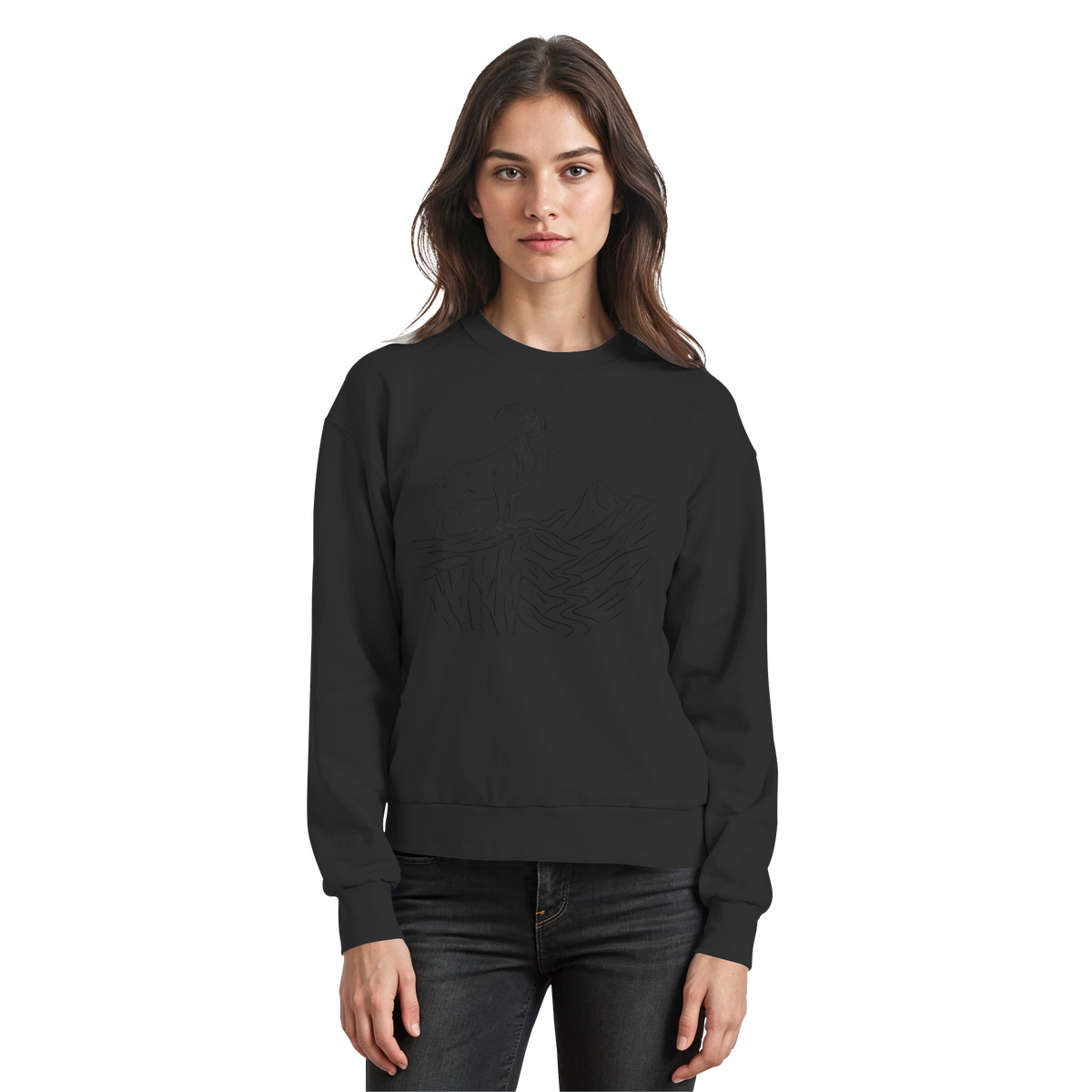 Arvenzo Cliff Edge Sweatshirt in deep black, front view showcasing the classic crewneck design and soft fabric.
