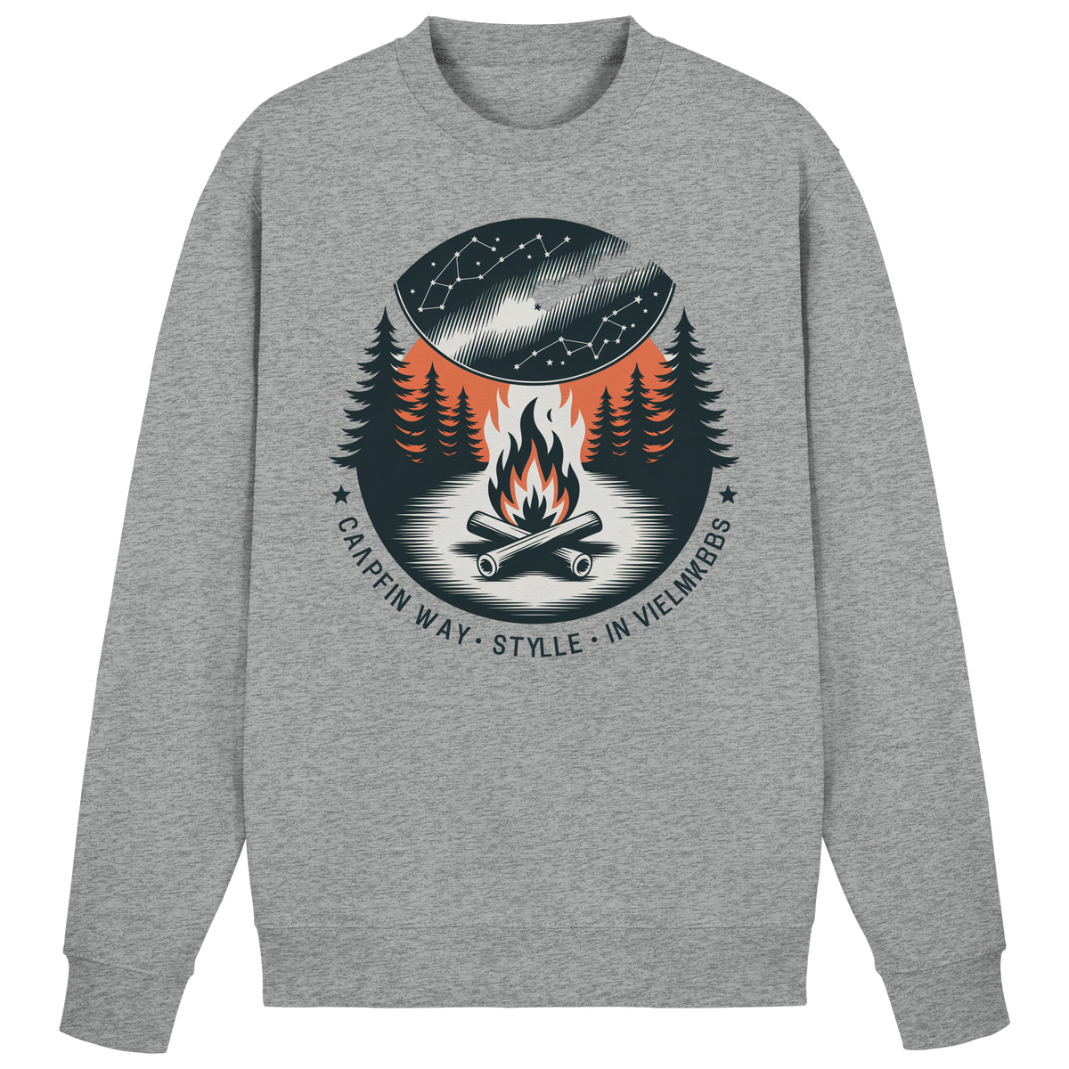 Heather grey Arvenzo Star Map sweatshirt showing a front view with celestial star patterns on a cozy, casual sweatshirt.