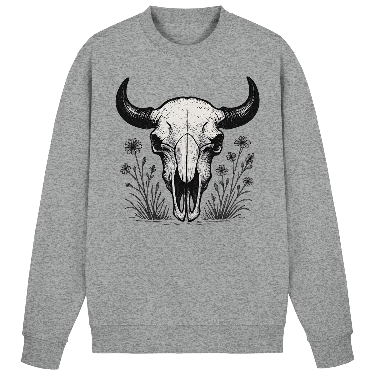 Heather grey Arvenzo Bison Skull sweatshirt shown from the front, featuring a stylish bison skull graphic on a cozy sweatshirt.
