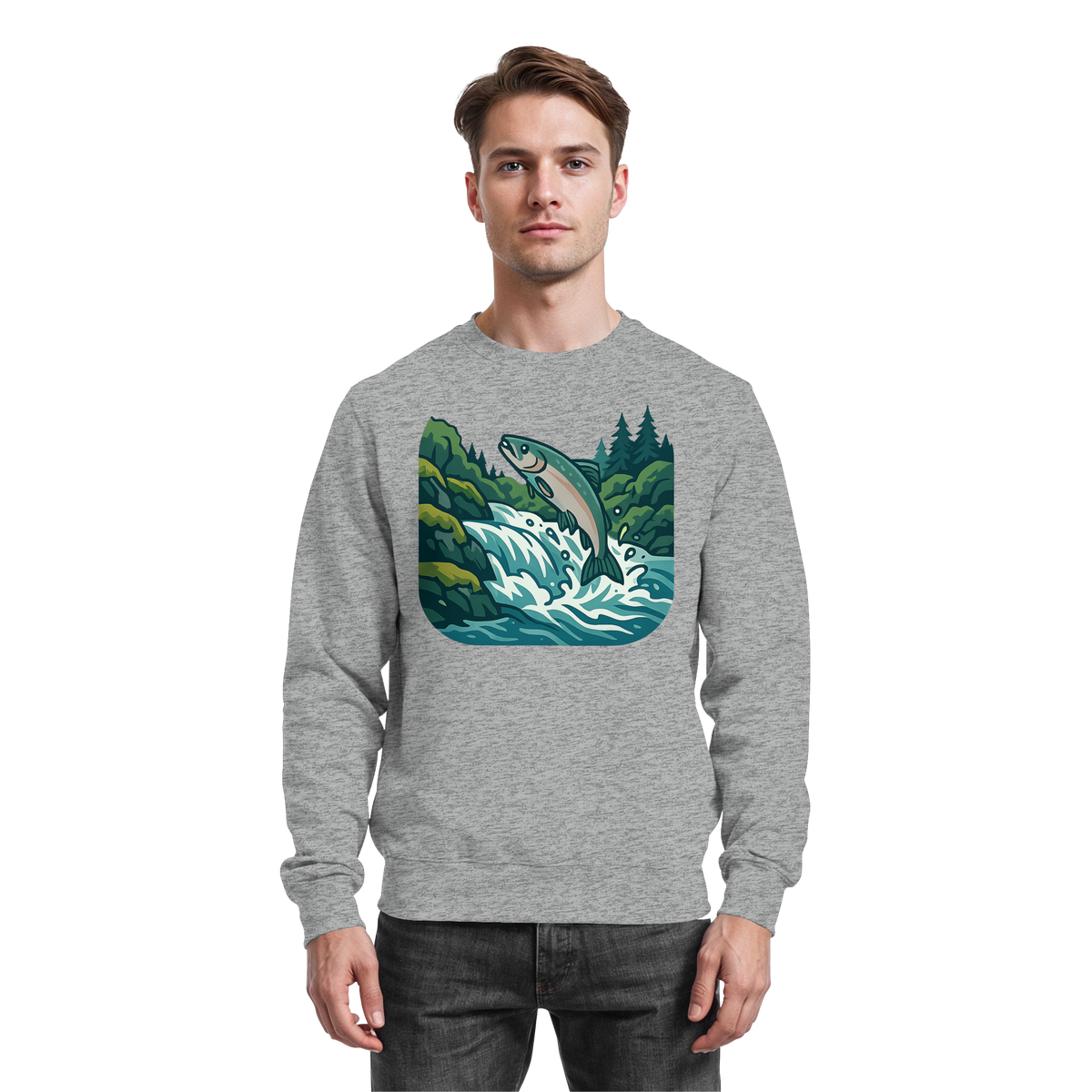 Front view of Arvenzo silver heather grey run sweatshirt, casual athletic sweatshirt with a ribbed collar and long sleeves.