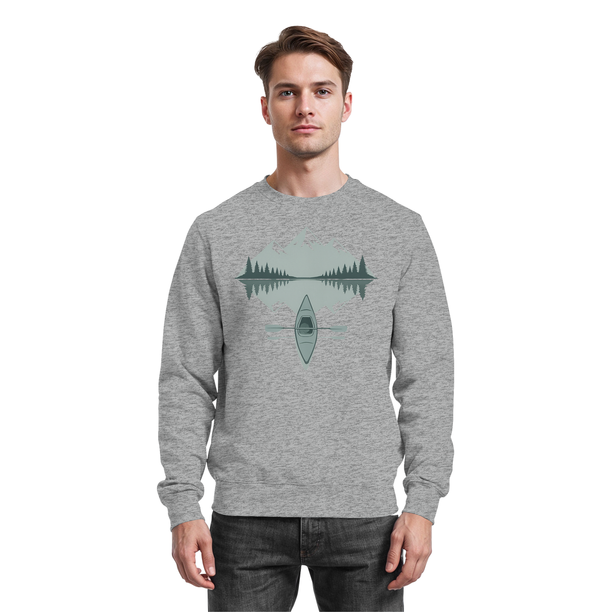 Heather grey Arvenzo Mirror Lake sweatshirt shown from the front, casual style with a relaxed fit and soft fabric.