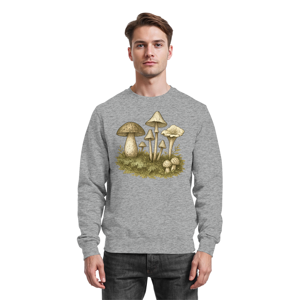 Arvenzo Forest Floor sweatshirt in heather grey, front view showing comfortable crewneck design and soft fabric.