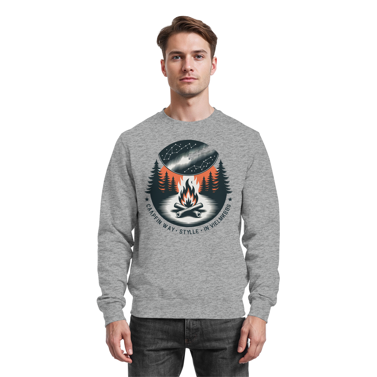 Heather grey Arvenzo Star Map sweatshirt showing the front design with celestial star patterns on soft, comfortable fabric.