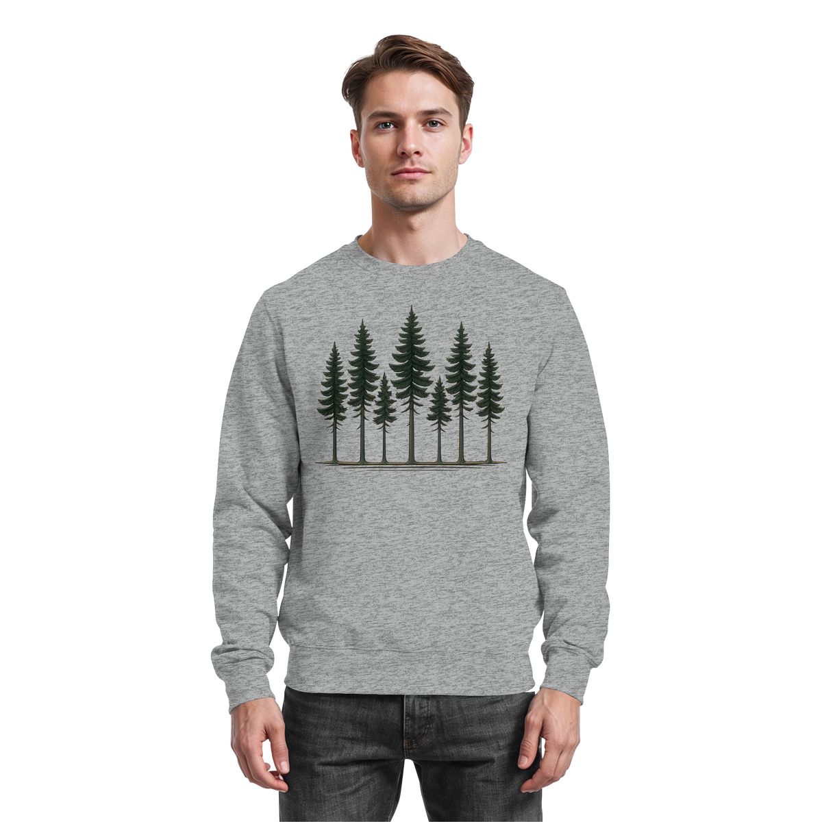 Heather grey Arvenzo Pine Dusk Sweatshirt front view, cozy sweatshirt with subtle pine dusk design, casual unisex style.