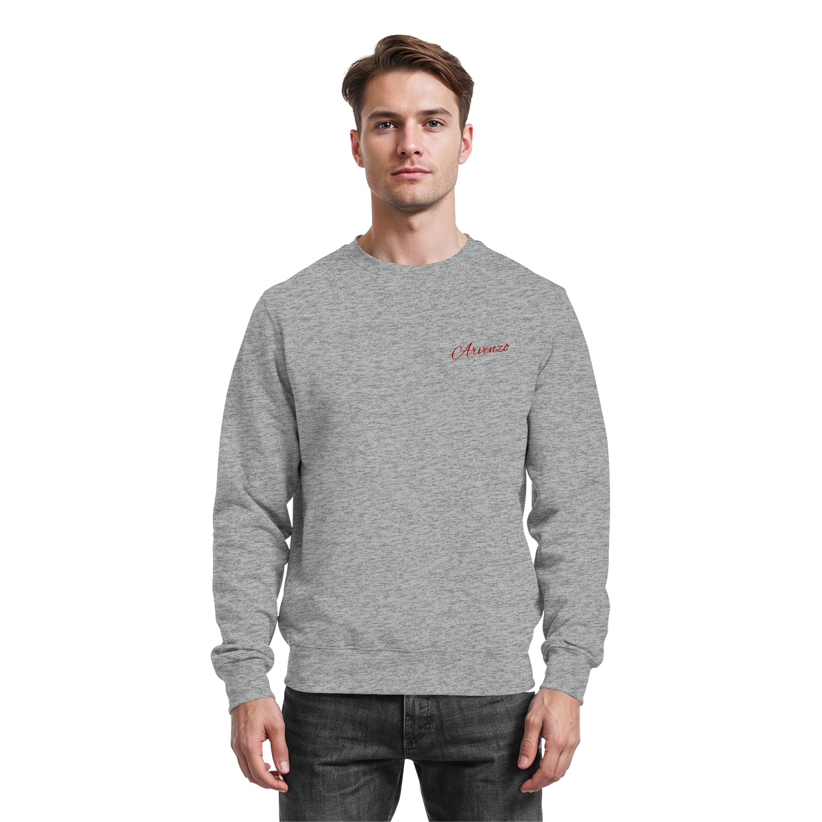Front view of Arvenzo Pure Ground Heather Grey sweatshirt showing a classic crewneck design and soft fabric texture.