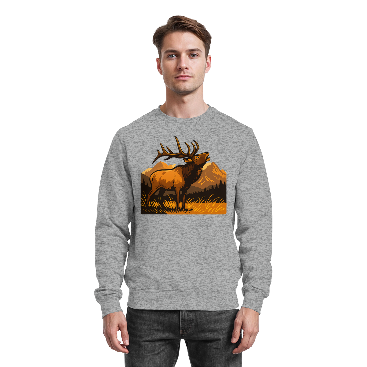 Heather grey Elk Meadow Sweatshirt by Arvenzo, front view showing classic crewneck and soft, cozy fabric.