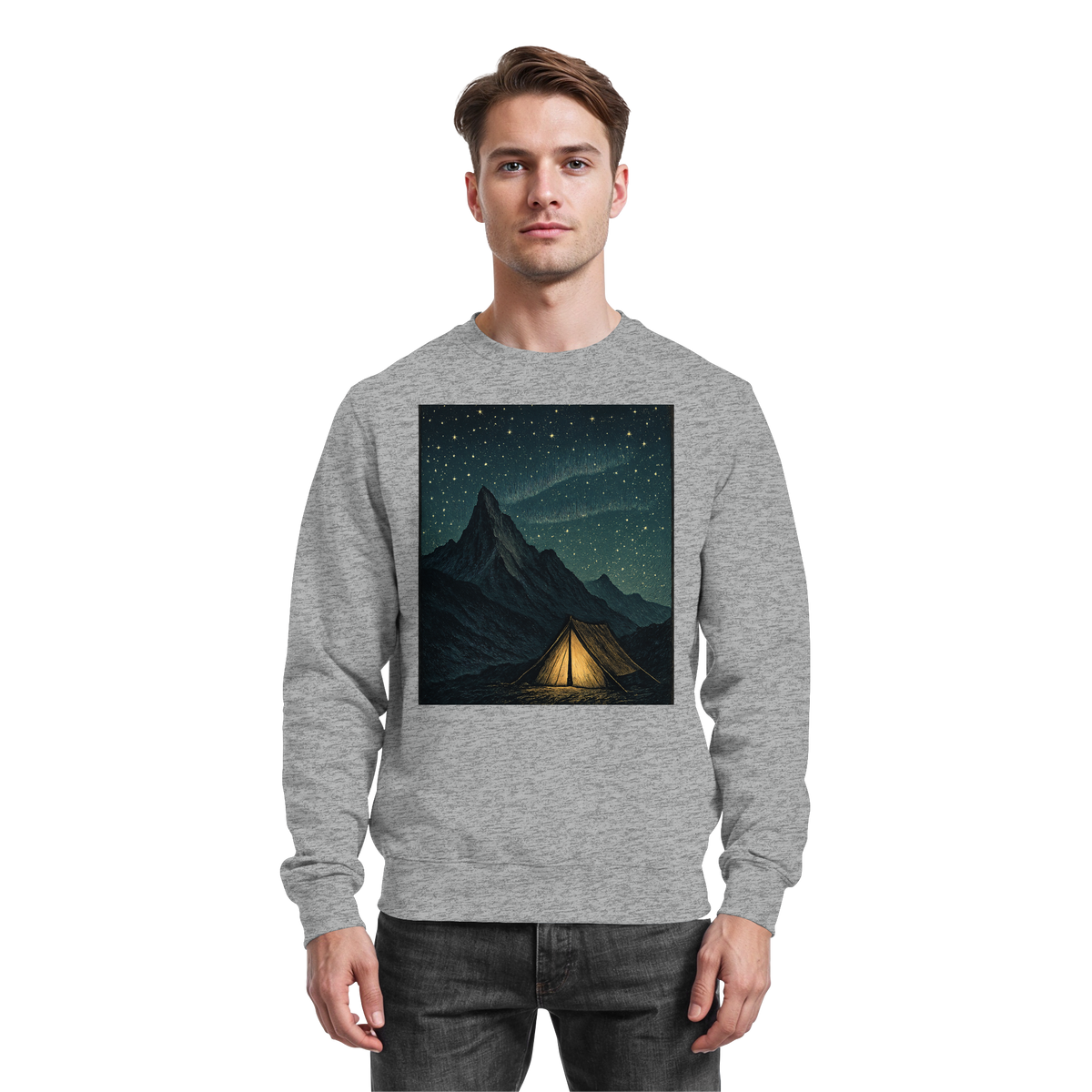 Heather grey Arvenzo North Light sweatshirt shown from the front, featuring a classic crewneck and comfortable fit.