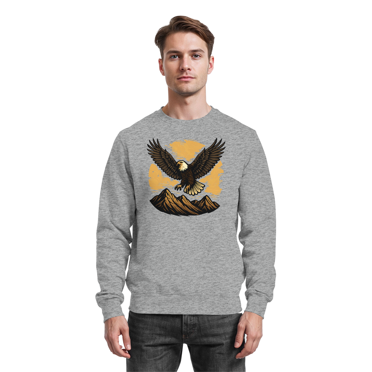 Heather grey Arvenzo Iron Wing sweatshirt showing a front view with a minimalist iron wing design on the chest.