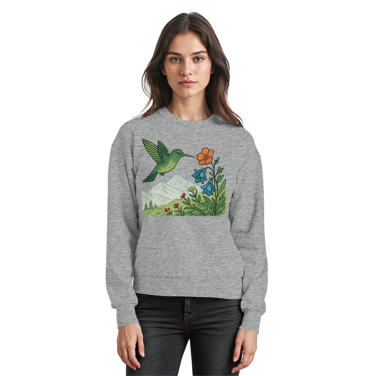 Arvenzo Bloom Wing sweatshirt in heather grey, front view showcasing casual sweatshirt with wing graphic design.