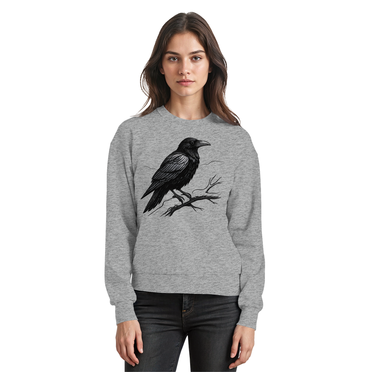 Heather grey Arvenzo Dark Raven sweatshirt with a classic crewneck design, front view showing soft fabric and comfortable fit.
