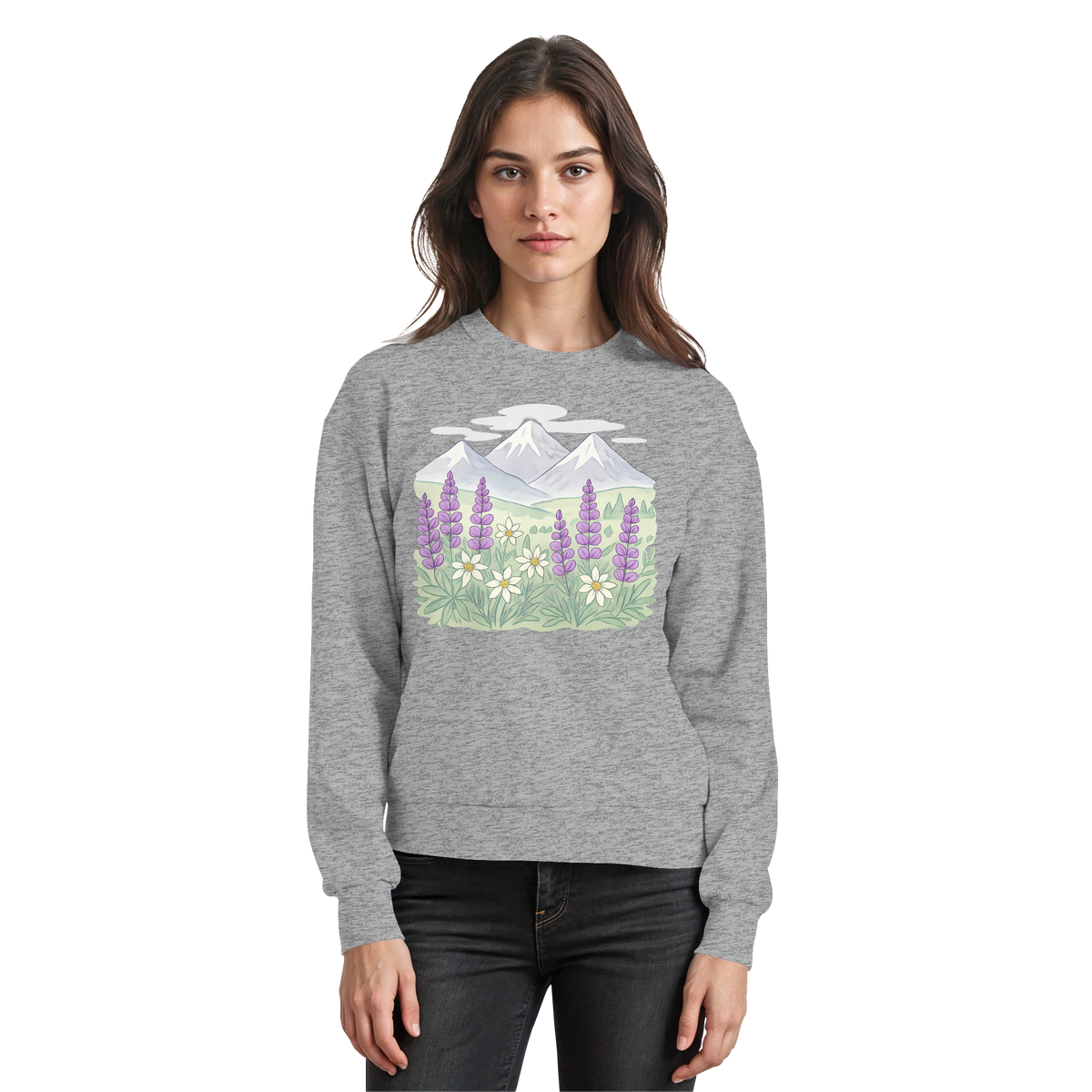 Heather grey Alpine Bloom sweatshirt by Arvenzo, front view showing soft fabric and simple, stylish design.