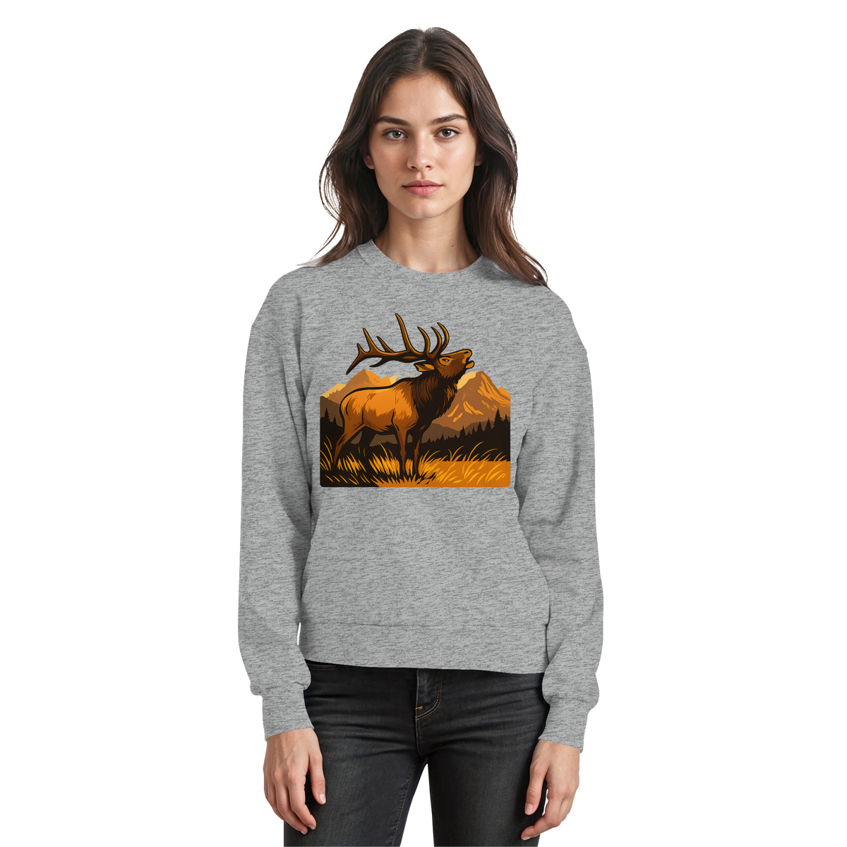 Heather grey Elk Meadow sweatshirt by Arvenzo, front view showing classic crew neck and soft, cozy fabric.
