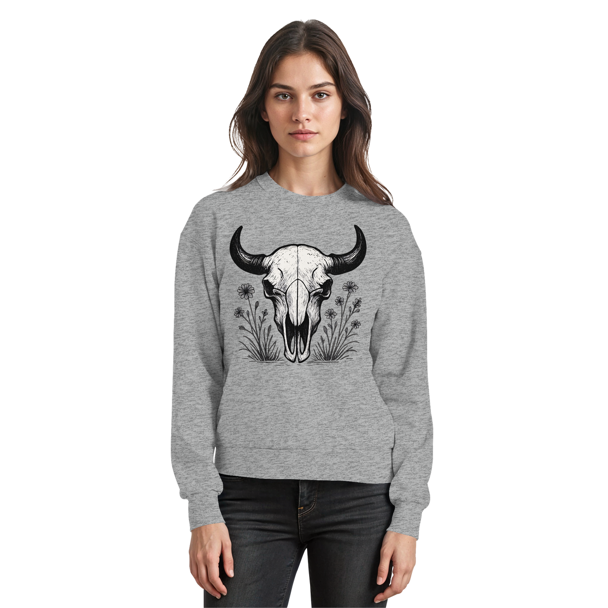 Heather grey Arvenzo Bison Skull Sweatshirt front view showing skull graphic and comfortable sweatshirt fabric.