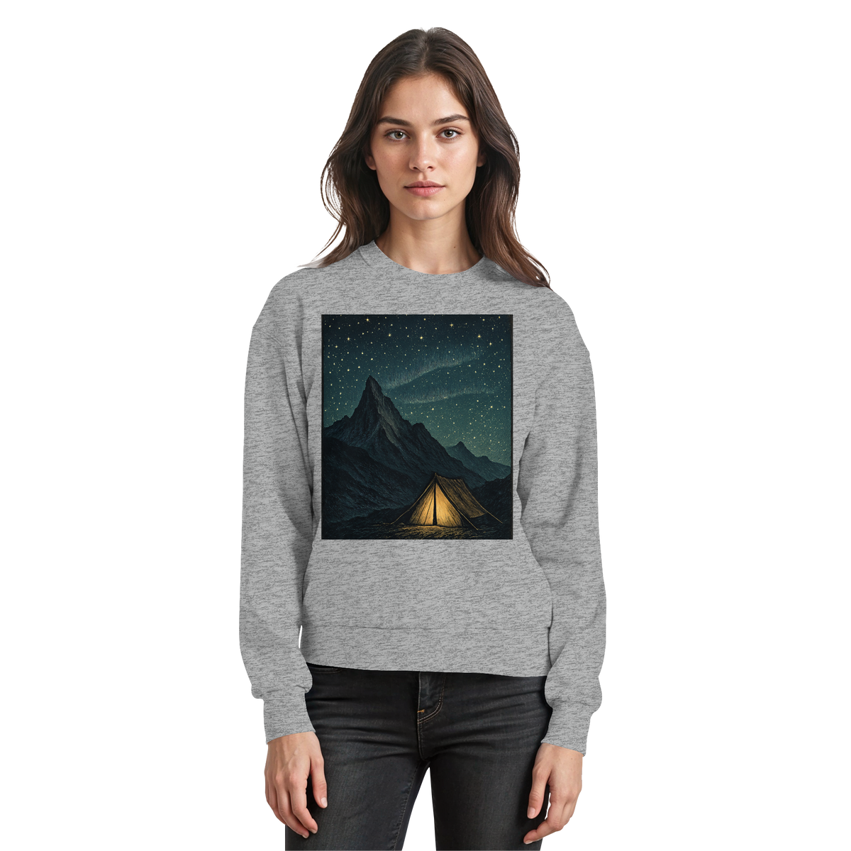 Arvenzo North Light sweatshirt in heather grey, front view showing a classic crewneck design and soft fabric.