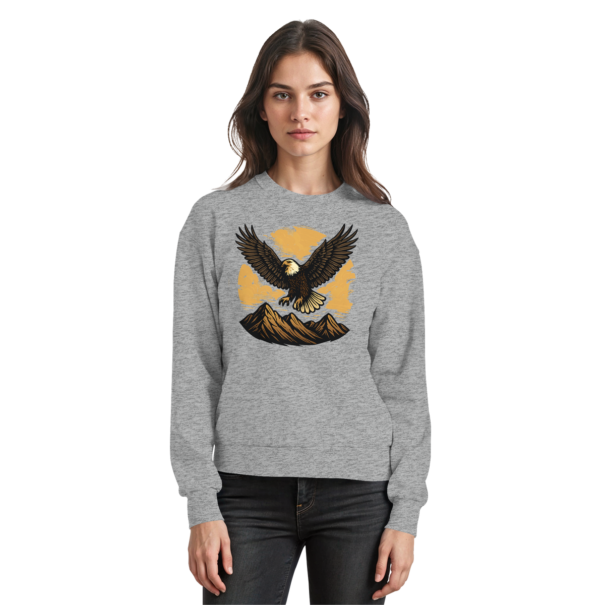 Arvenzo Iron Wing sweatshirt in heather grey, front view showing classic crew neckline and minimalist iron wing graphic design.
