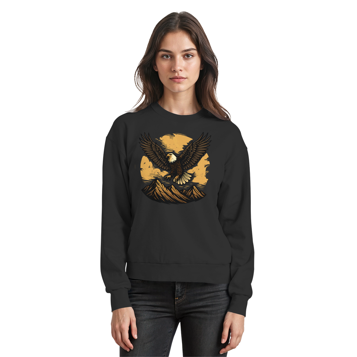 Black Iron Wing sweatshirt by Arvenzo, front view showing a sleek crew neck and minimalist wing design on the chest.