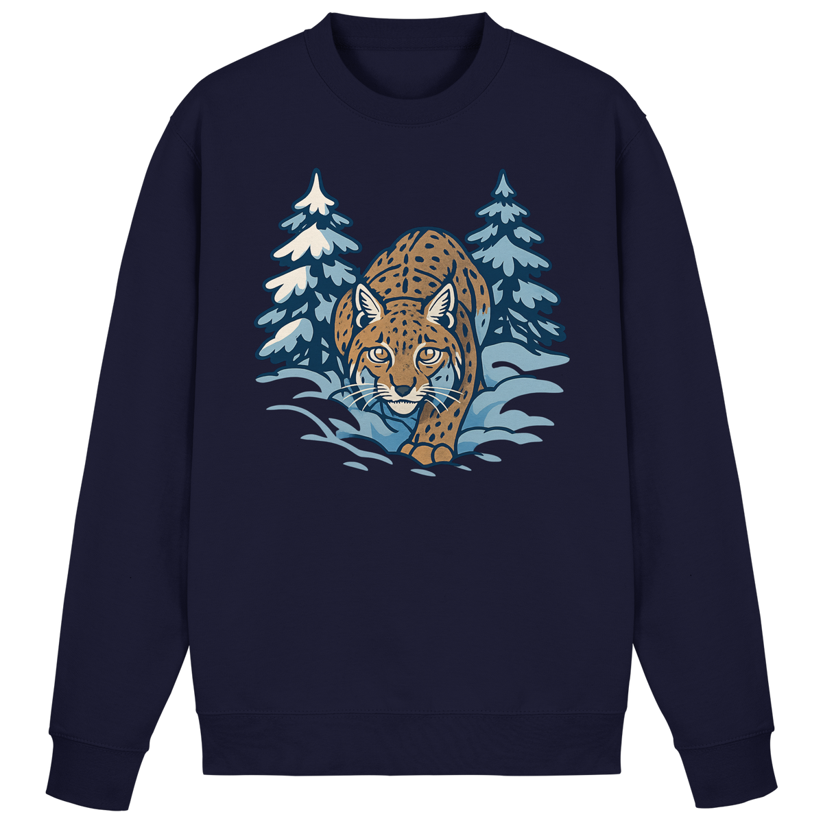 Arvenzo Snow Lynx sweatshirt in navy, front view showing classic crewneck design and soft fabric texture.