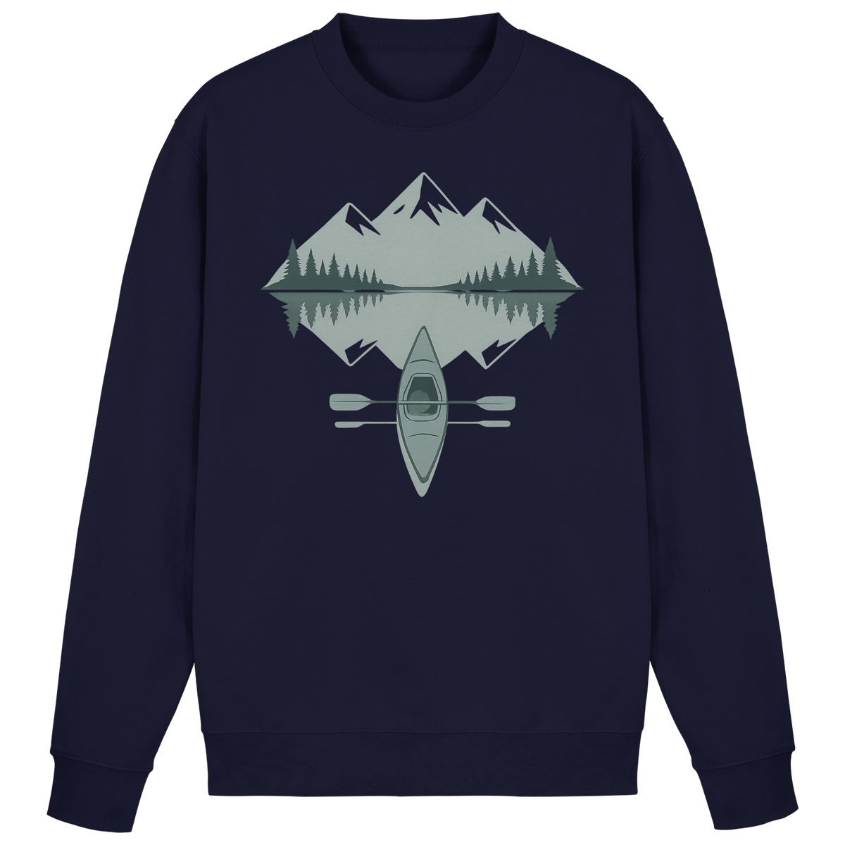 Arvenzo Mirror Lake navy sweatshirt with a front design, made from soft fabric, displayed on a hanger.