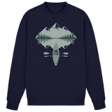 Arvenzo Mirror Lake navy sweatshirt with a front design, made from soft fabric, displayed on a hanger.