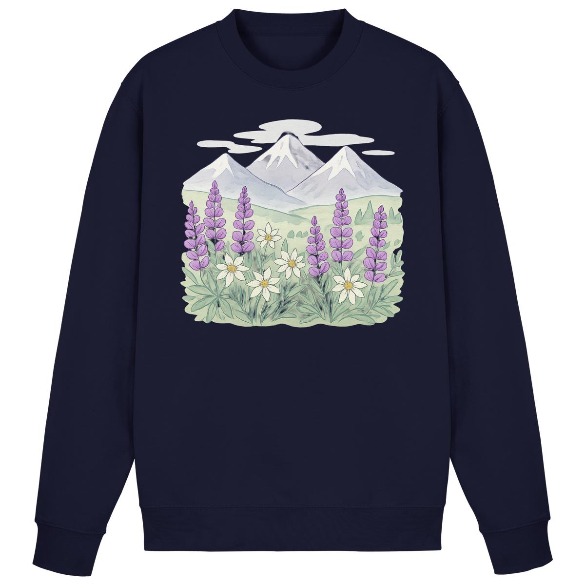 Navy Alpine Bloom sweatshirt by Arvenzo, front view showing classic crewneck design and soft fabric texture.