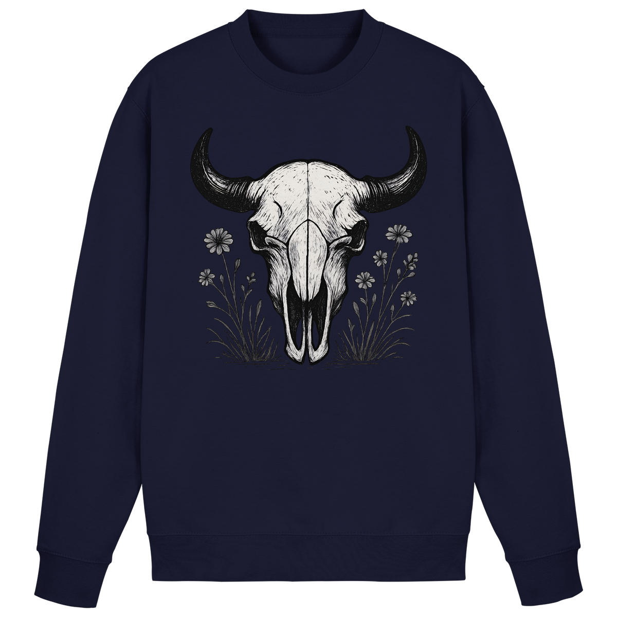 Navy blue Arvenzo Bison Skull sweatshirt with front graphic, casual style, and comfortable fit.