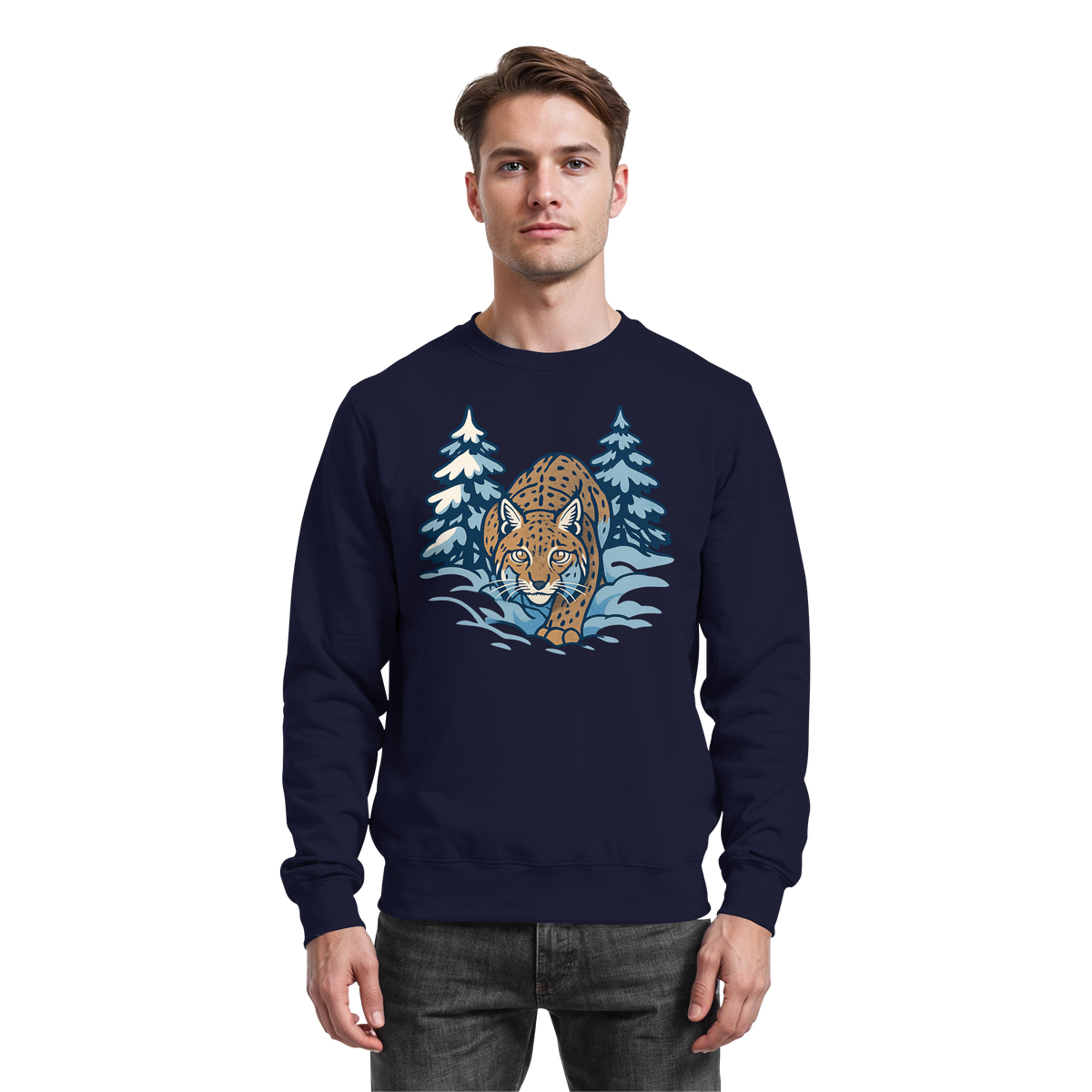 Navy blue Snow Lynx sweatshirt by Arvenzo, front view showing a classic crewneck design and soft cotton fabric.
