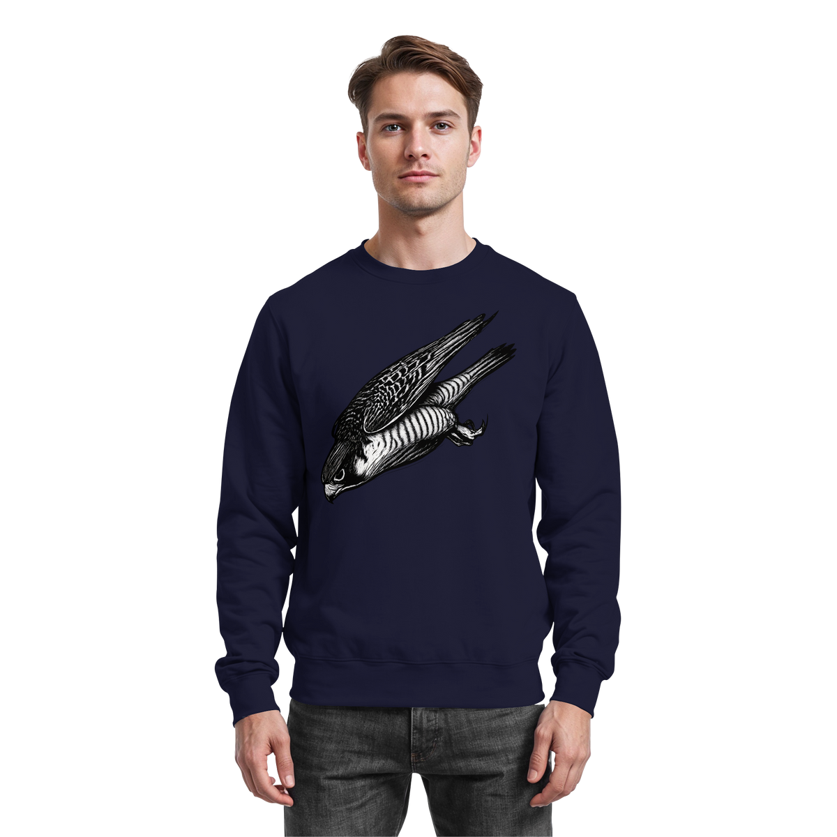 Arvenzo Swift Dive navy sweatshirt with a front view, showcasing a classic crewneck design and soft fabric.