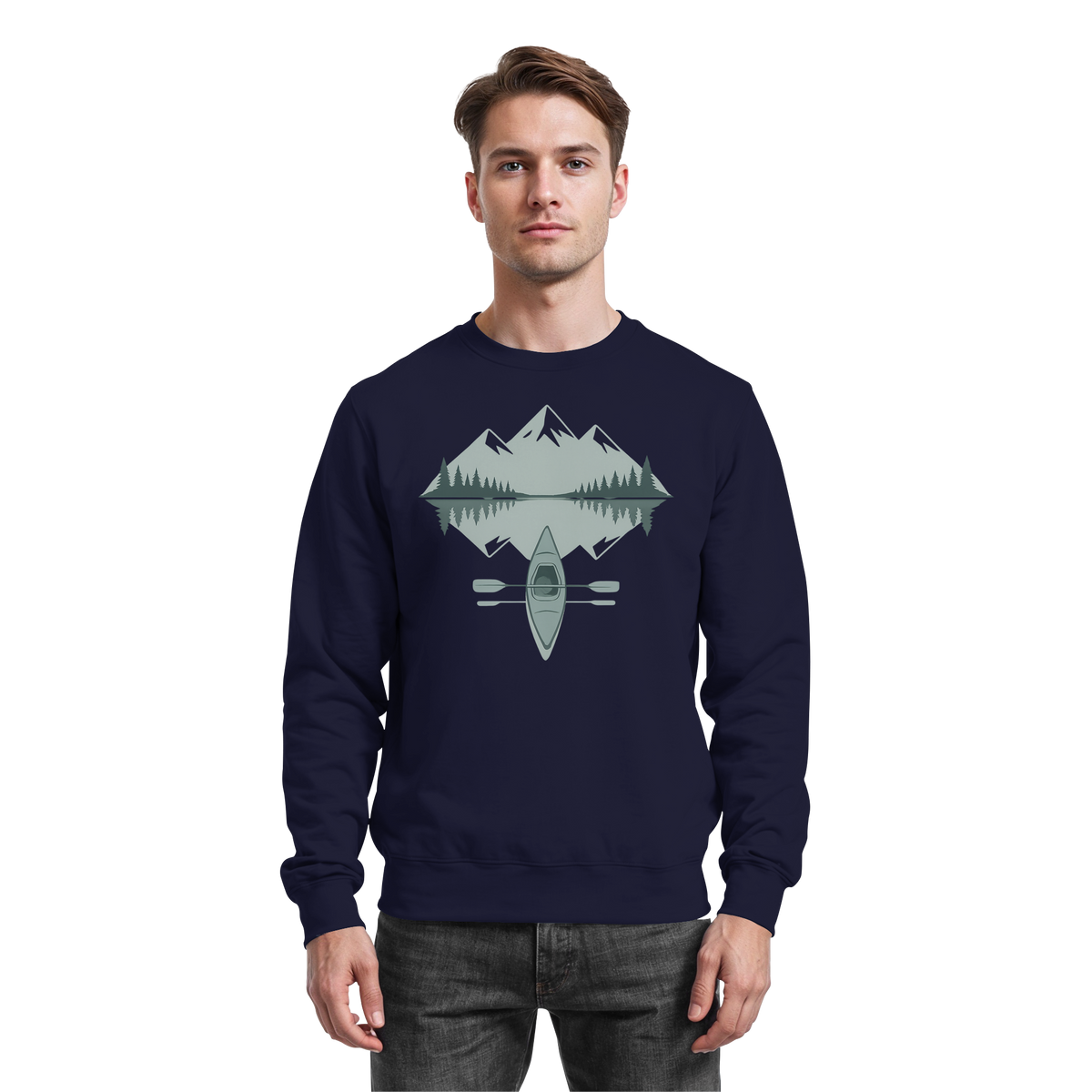Arvenzo Mirror Lake navy sweatshirt with a simple crew neck, front view, made from soft, comfortable fabric.