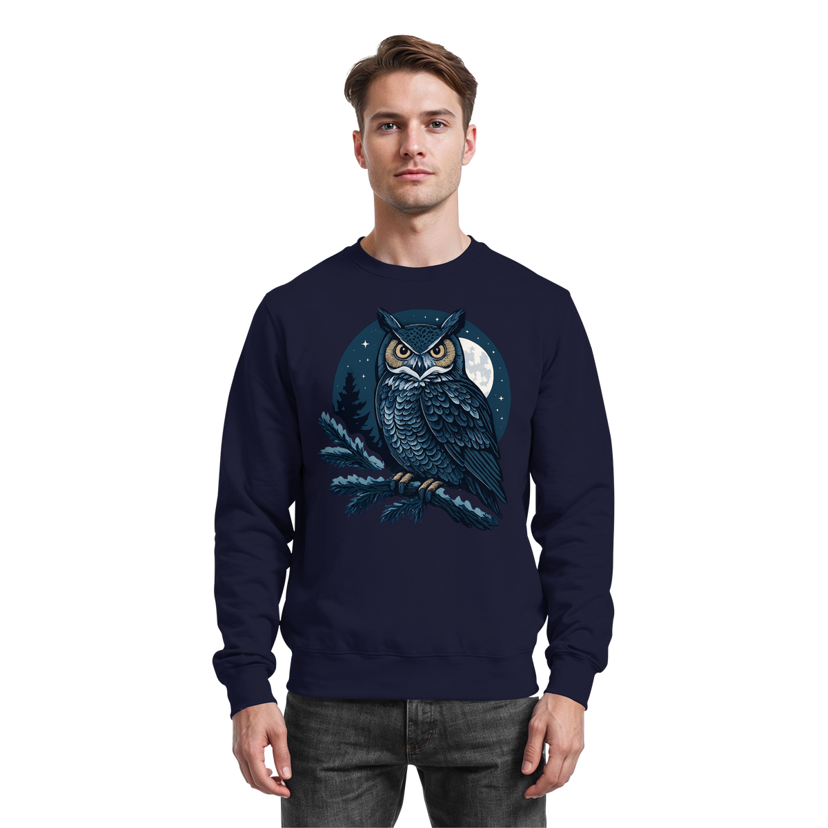 Arvenzo Night Watch sweatshirt in navy blue, front view showing classic crew neck and comfortable fit.