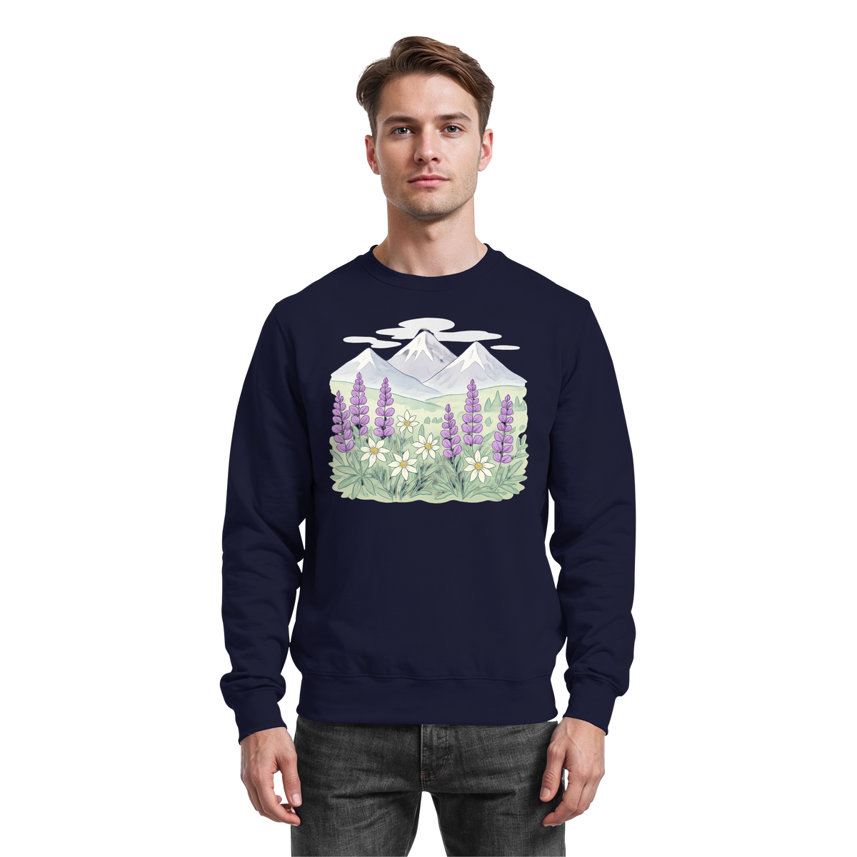 Arvenzo Alpine Bloom navy sweatshirt with a front design, casual fit, and soft cotton fabric on a plain background.