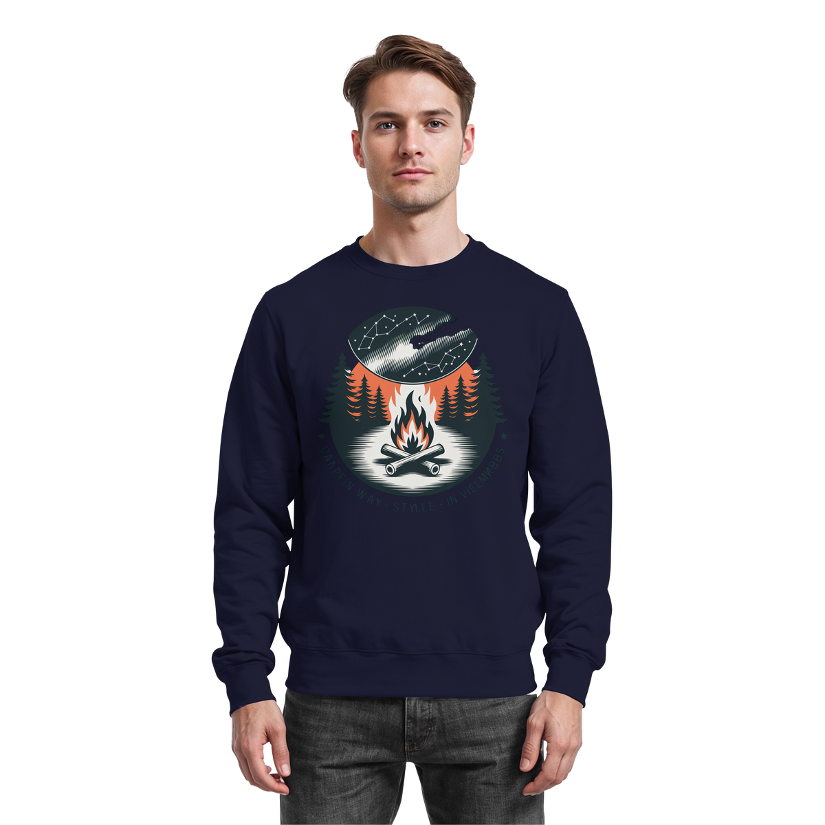 Navy blue Arvenzo Star Map sweatshirt with front celestial star design, casual and comfortable for everyday wear.