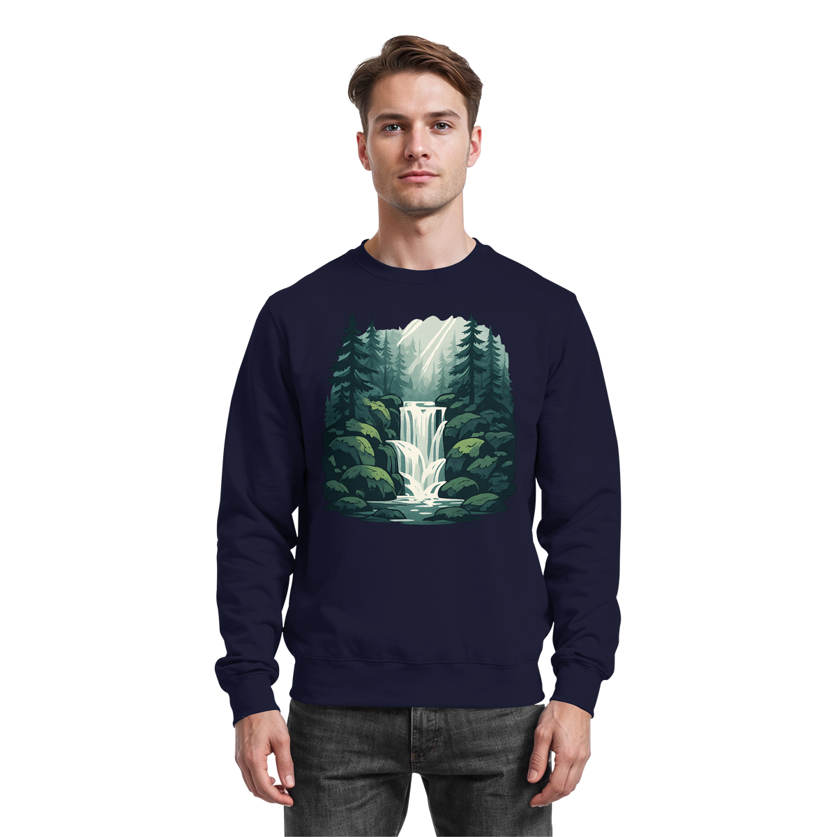 Arvenzo Fall Creek sweatshirt in navy blue, front view showing classic crewneck design and soft fabric texture.