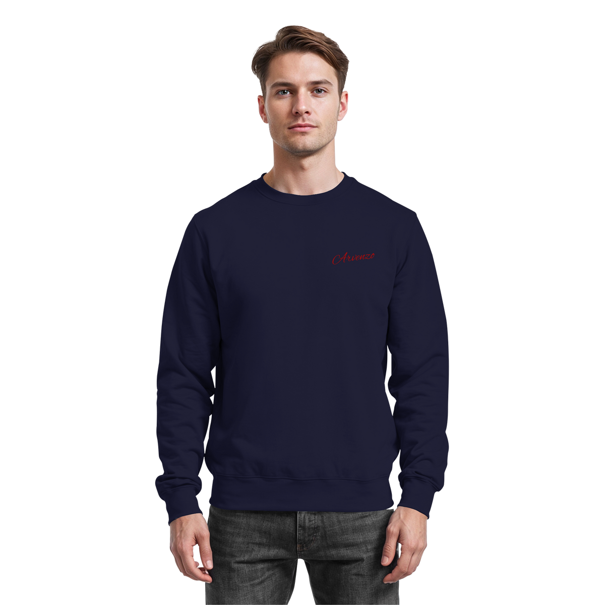 Front view of Arvenzo Pure Ground navy sweatshirt with a classic crewneck design and minimalistic style.