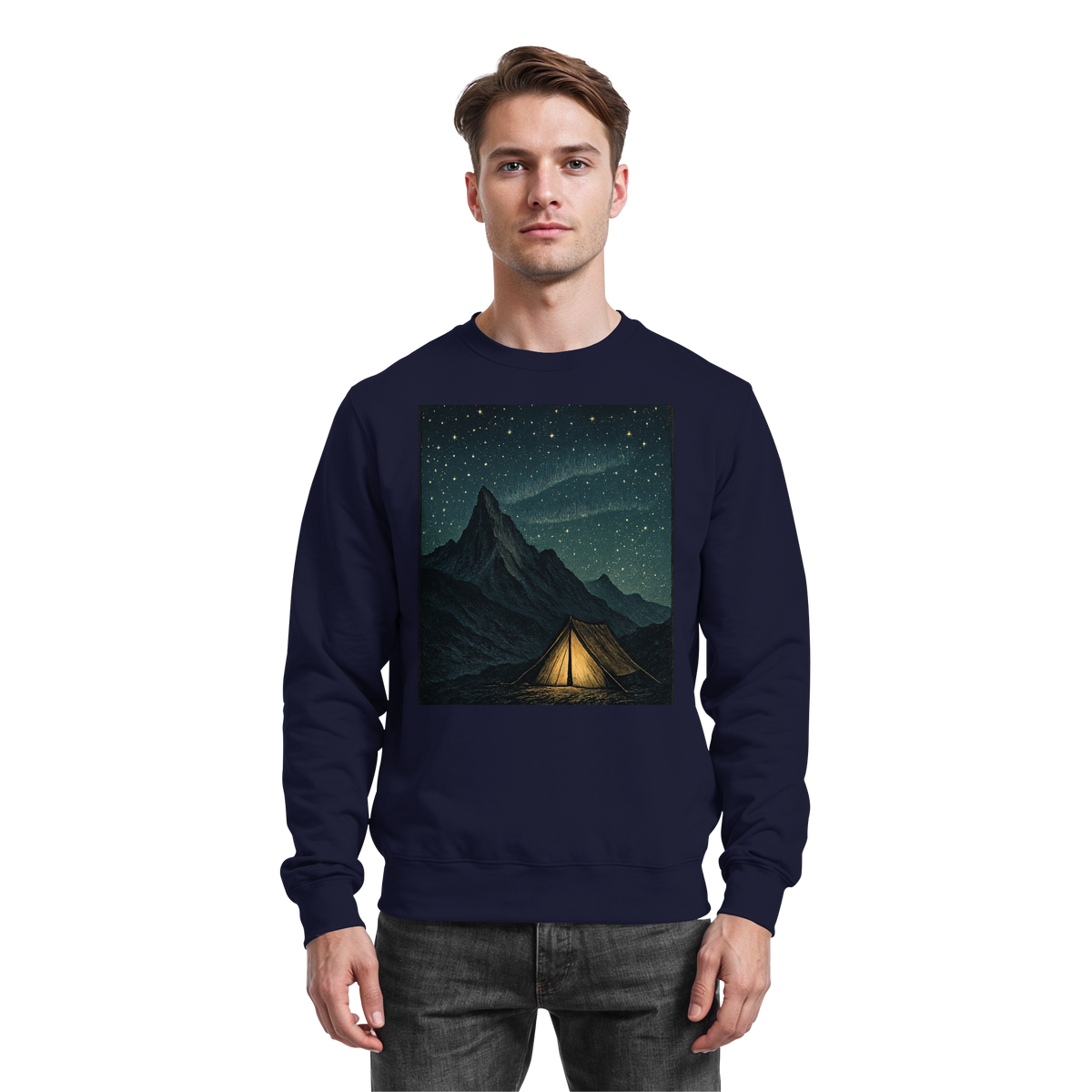 Arvenzo North Light navy sweatshirt with a front design, made of comfortable fabric, casual style, on a plain background.
