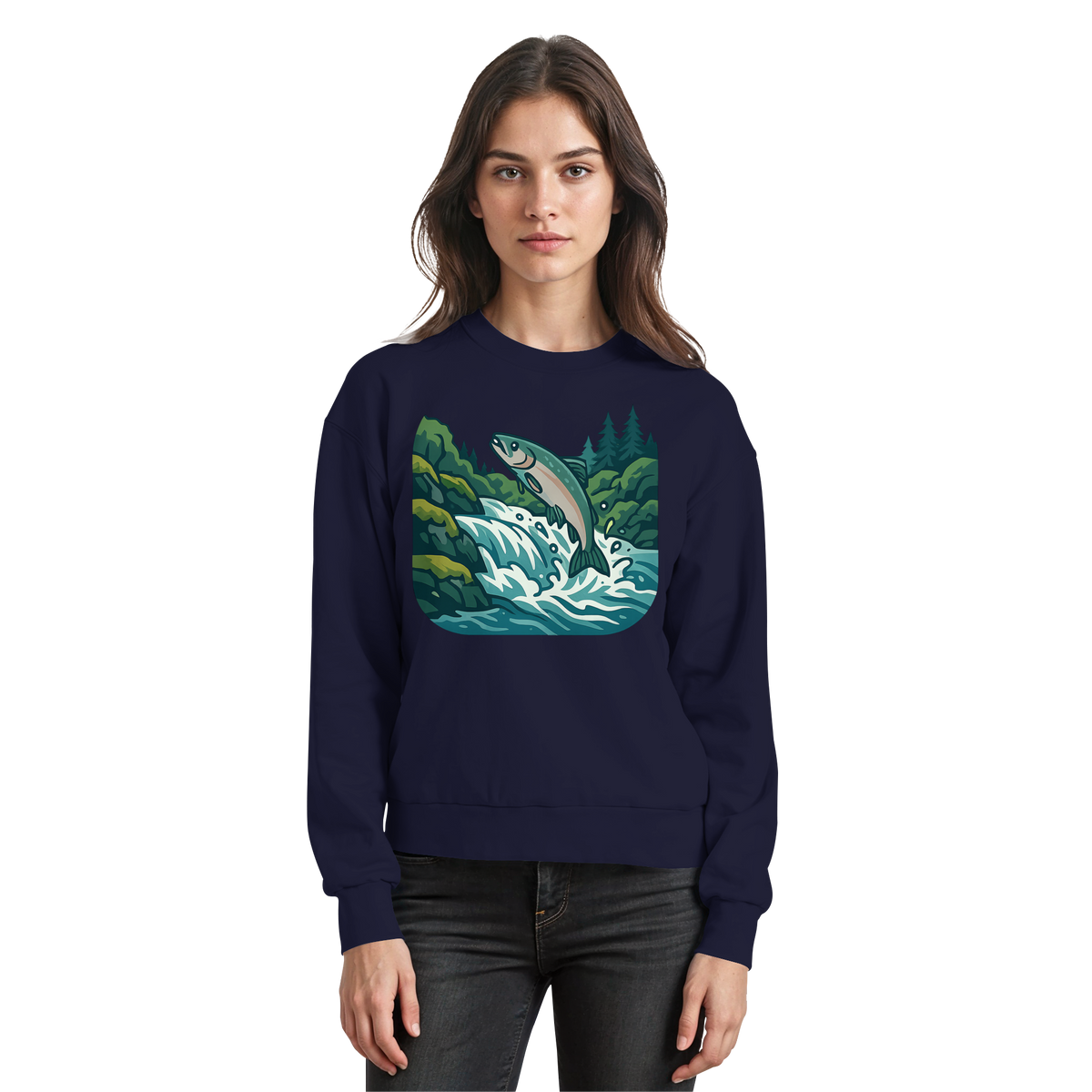 Arvenzo silver run sweatshirt in navy, front view showing classic crewneck design and soft fabric texture.