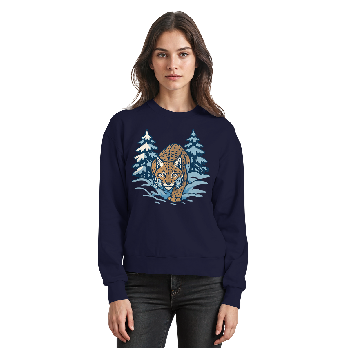 Arvenzo Snow Lynx sweatshirt in navy, front view showing classic crewneck design and cozy fabric for casual wear.