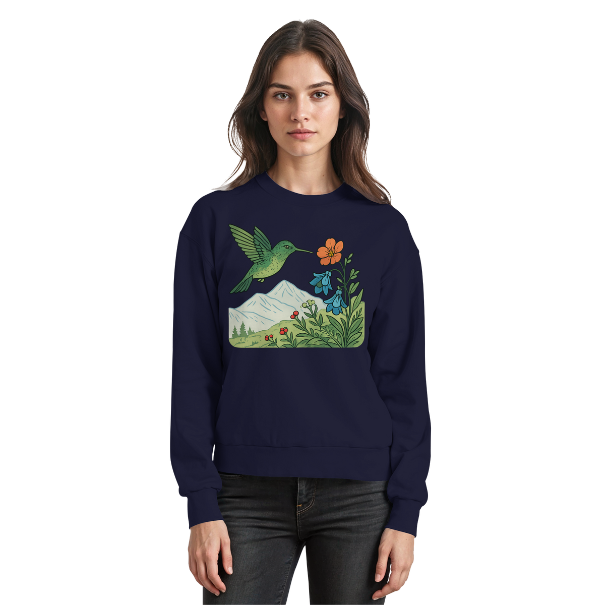 Arvenzo Bloom Wing sweatshirt in navy, front view showing classic crew neck and minimalist design, made of soft cotton fabric