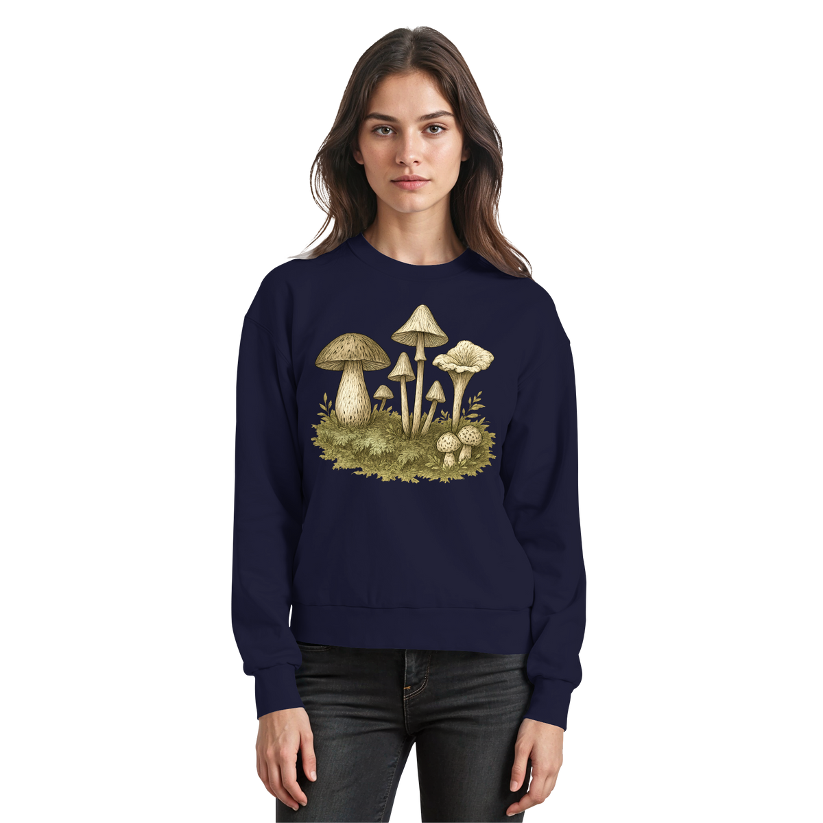 Arvenzo Forest Floor sweatshirt in navy, showing the front view with a crew neck and forest-themed graphic design.