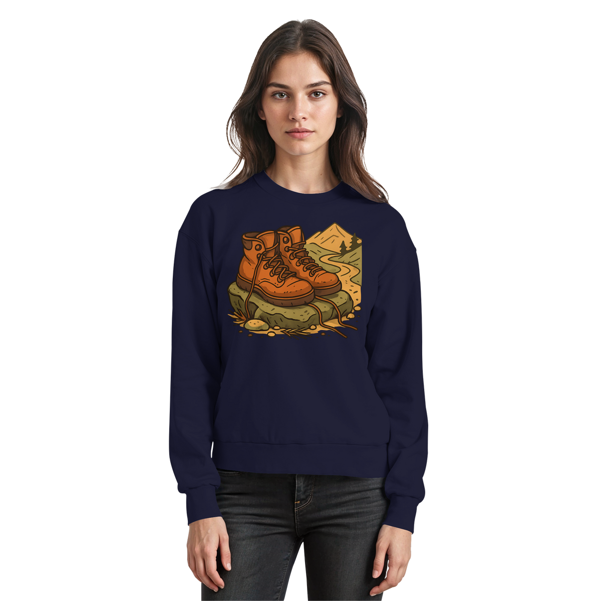 Arvenzo Trail Rest sweatshirt in navy with a front view, showcasing the classic crewneck design and soft cotton fabric.