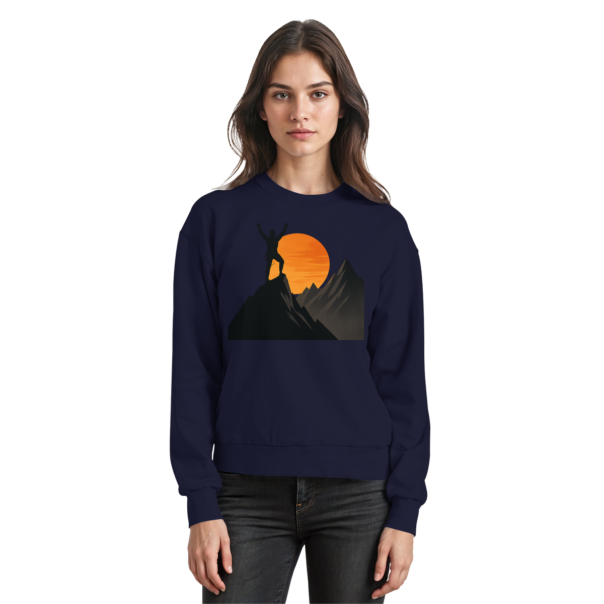 Navy blue Arvenzo Bold Ascent sweatshirt with front design, crew neck, and long sleeves, displayed on a plain background.
