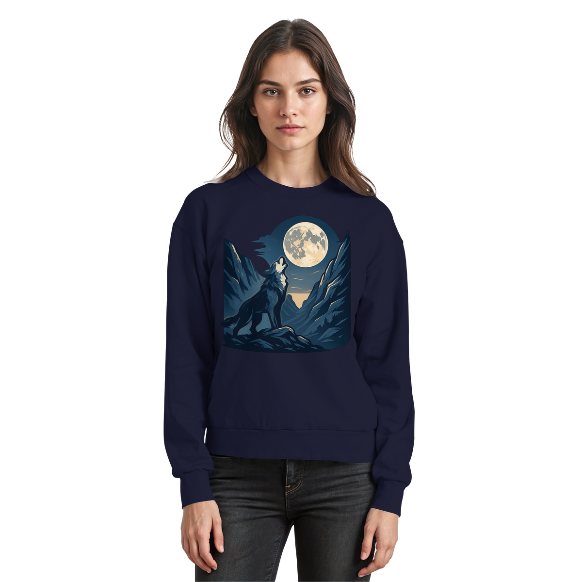 Front view of Arvenzo silver Howl sweatshirt in navy with a simple design, made from soft, comfortable fabric.