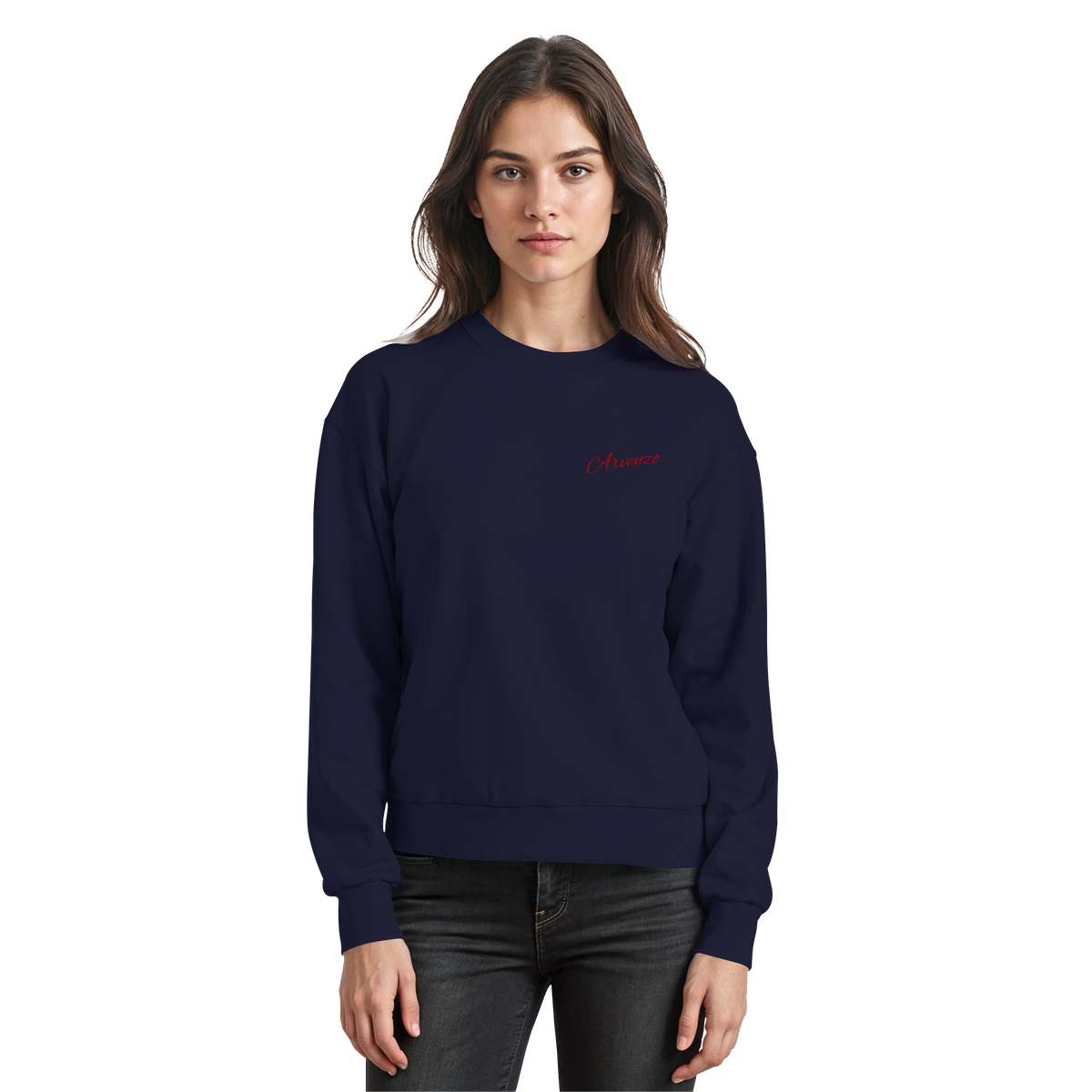 Arvenzo Pure Ground navy sweatshirt showing a front view with a classic crew neckline and minimalist design.