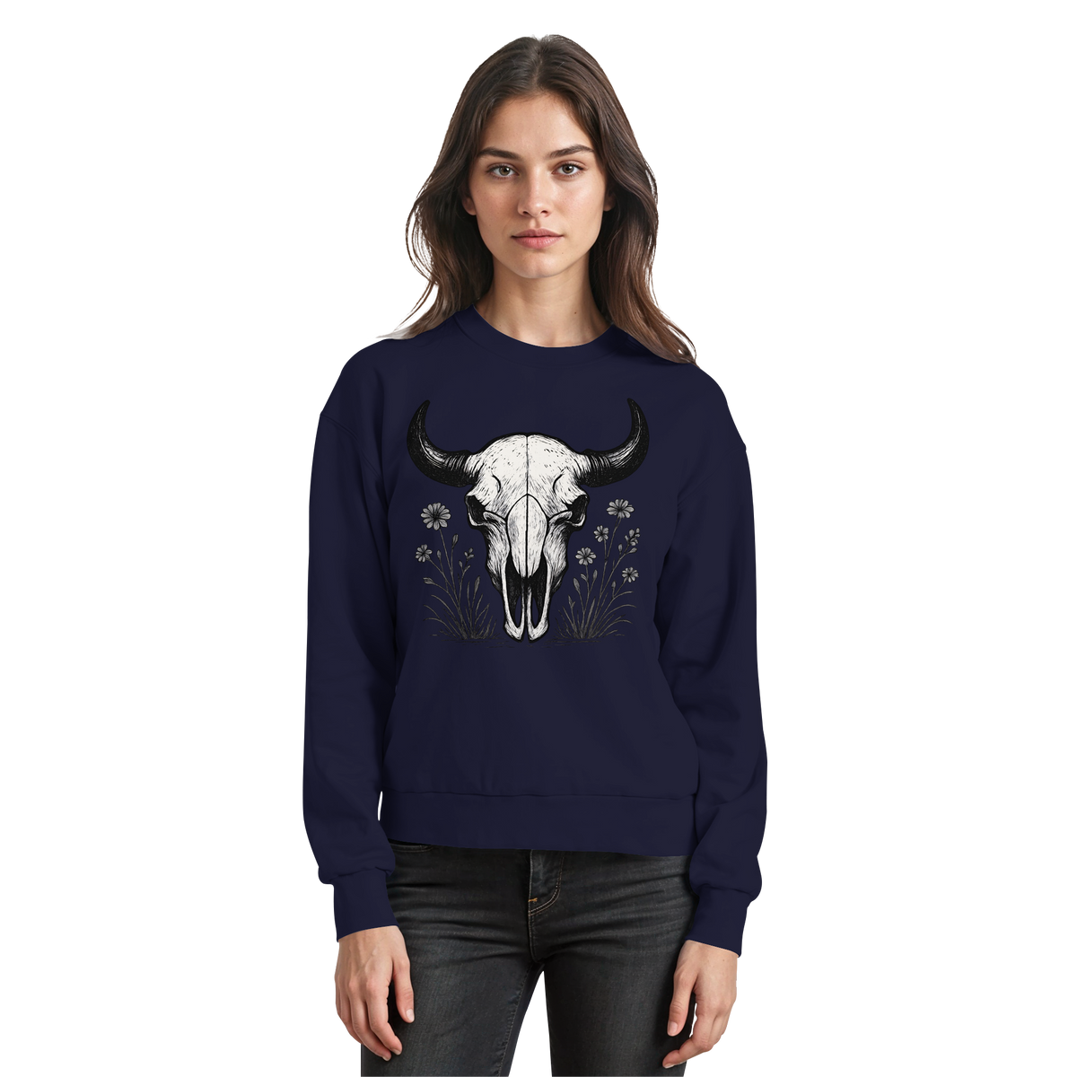 Arvenzo Bison Skull sweatshirt in navy, front view showing crewneck design and bold bison skull graphic on the chest.
