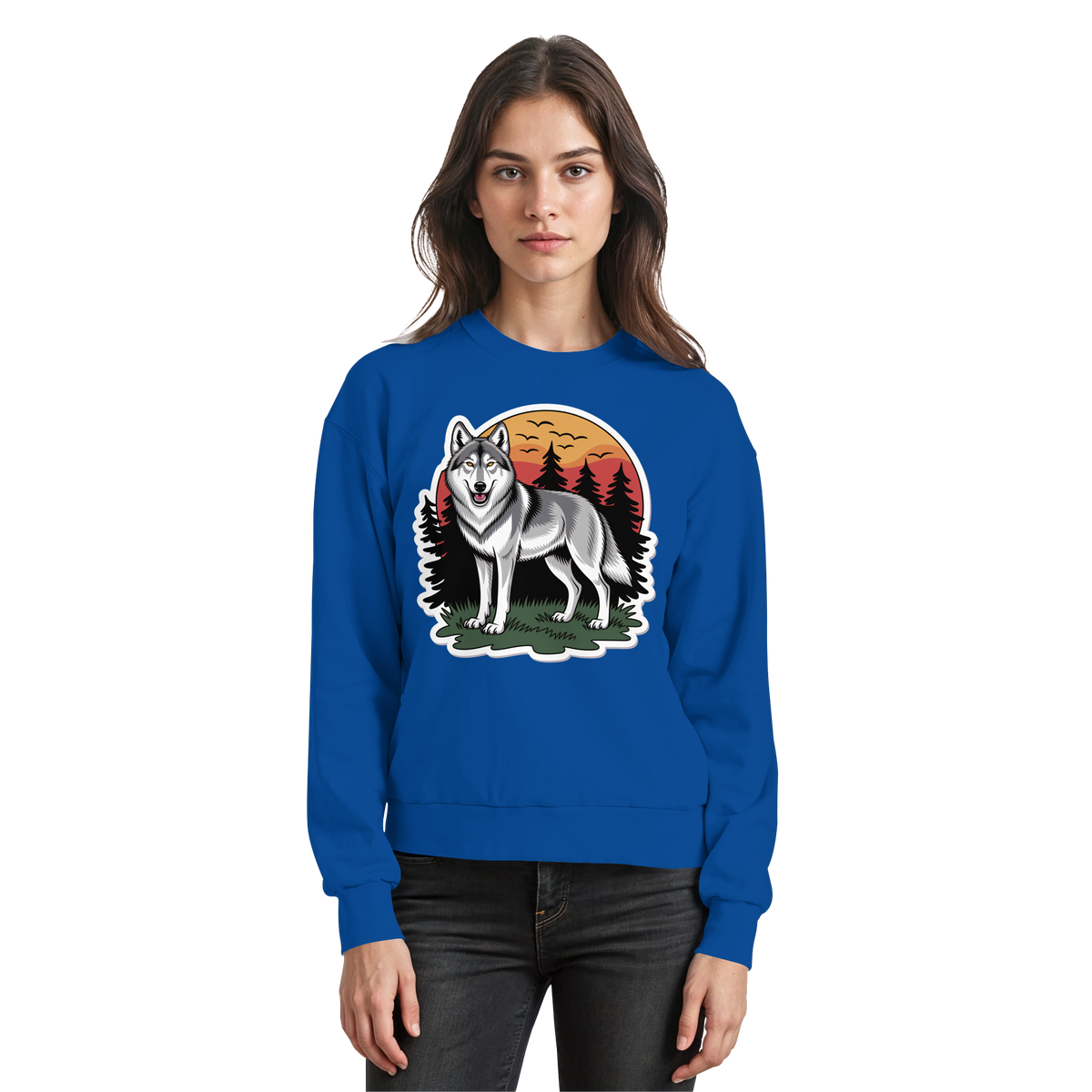 Royal blue Arvenzo Lone Dusk sweatshirt front view, casual long-sleeve sweatshirt with a simple design and comfortable fit.