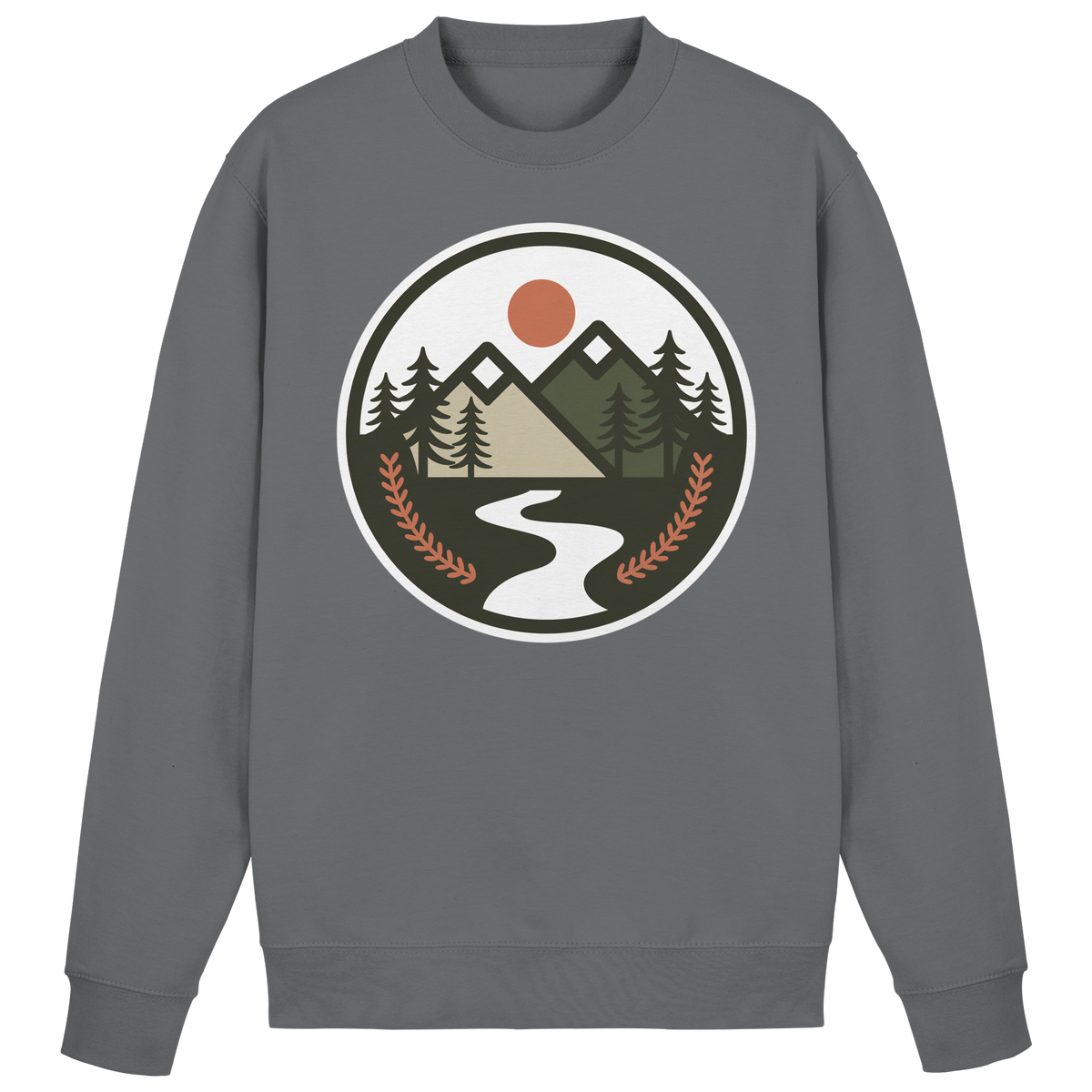 Steel grey Arvenzo Open Ground sweatshirt shown from the front, featuring a classic crew neck and minimalist design.